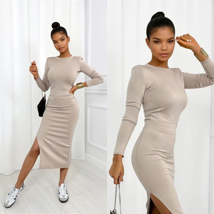 komplet masełko spódnica i bluzka z długim rękawem latte z wiskozą