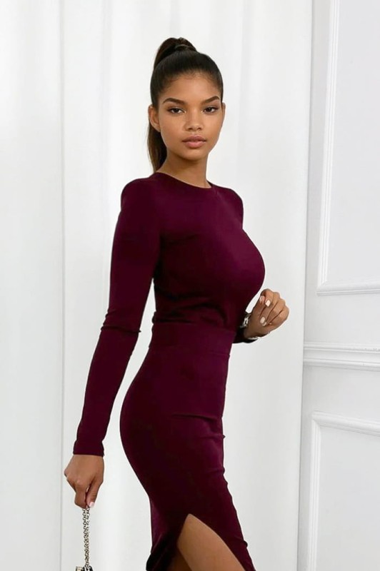 komplet masełko bordowy spódnica i bluzka z długim rękawem