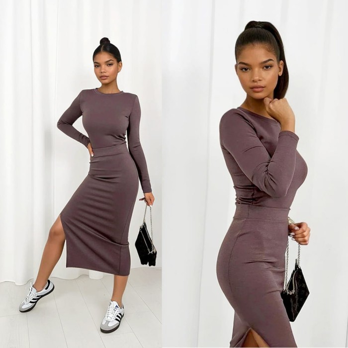 komplet masełko mocca spódnica i bluzka z długim rękawem z wiskozą