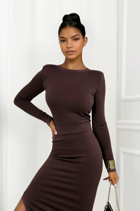 komplet masełko czekoladowy spódnica i bluzka z długim rękawem