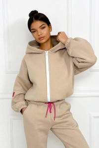 ocieplany basic dres damski komplet z bawelna rozpinana bluza z kapturem bezowy