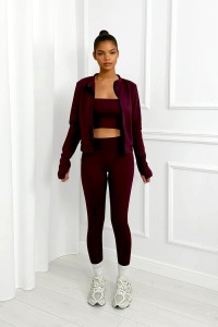 bordowy komplet z masełka top, bluza, legginsy
