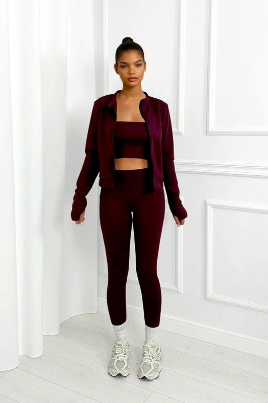bordowy komplet z masełka top, bluza, legginsy