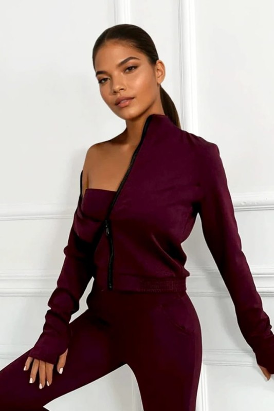 bordowy komplet z masełka top, bluza, legginsy