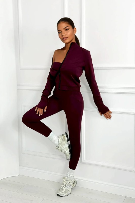 bordowy komplet z masełka top, bluza, legginsy