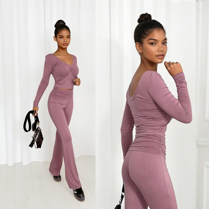 różowy set z wiskozy, bluzka i spodnie flare