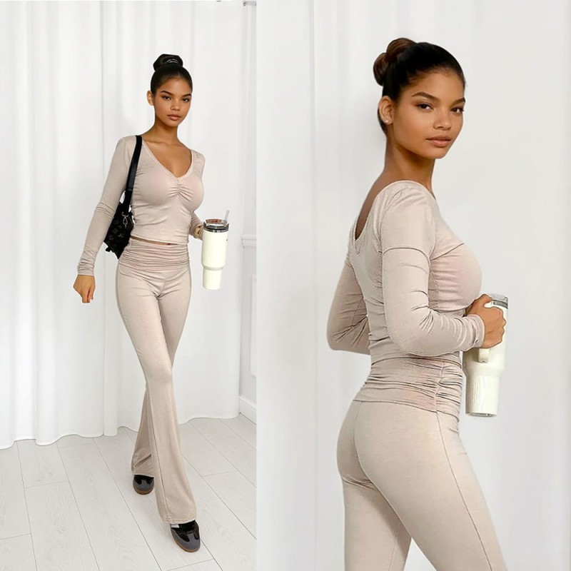 beżowy komplet z wiskozy, bluzka i spodnie flare