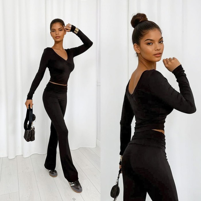 czarny komplet z wiskozy, bluzka i spodnie flare