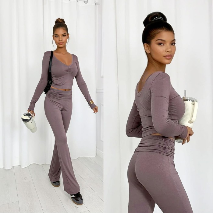 mocca komplet z wiskozy, bluzka i spodnie flare