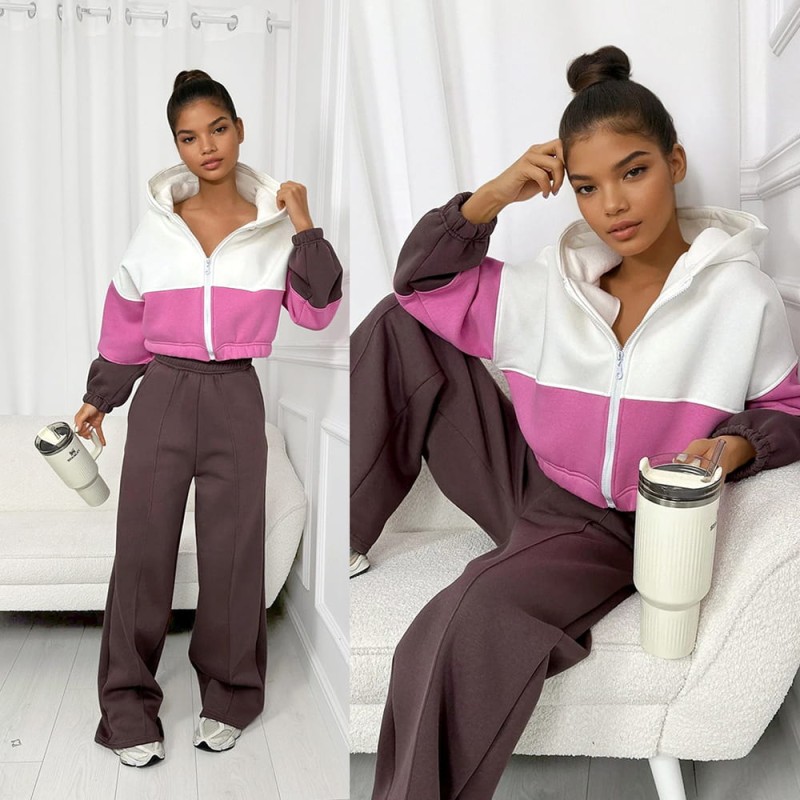 trzykolorowy-dres-rozpinana-bluza-kaptur-brazowe-rozowy-biale