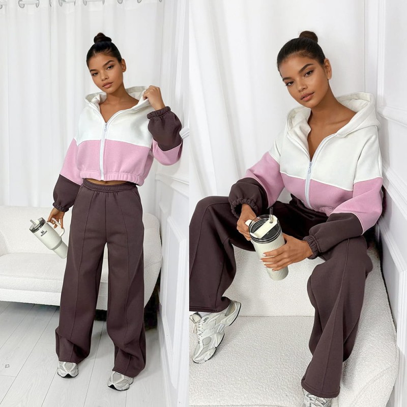 trzykolorowy-dres-rozpinana-bluza-kaptur-brazowy-pudrowy-roz-bialy