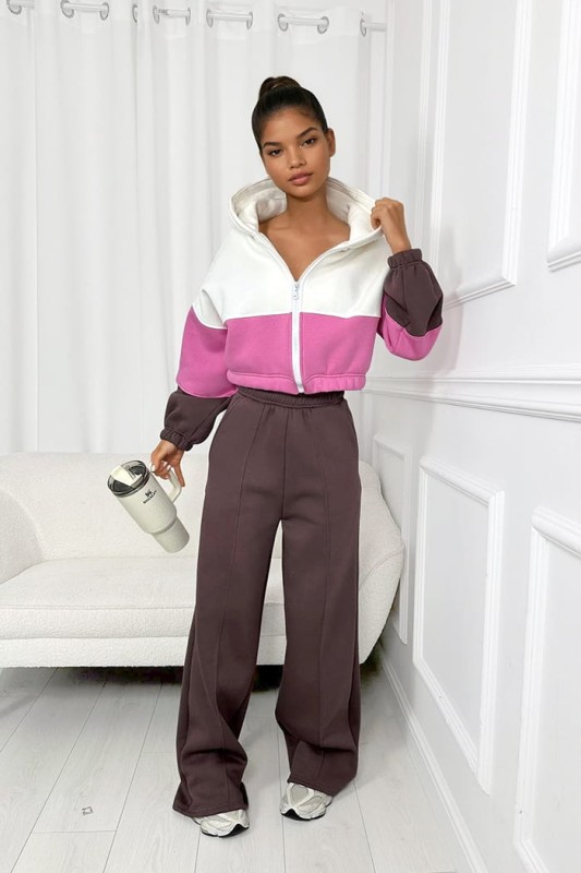 trzykolorowy-dres-rozpinana-bluza-kaptur-brazowe-rozowy-biale