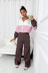 trzykolorowy-dres-rozpinana-bluza-kaptur-brazowy-pudrowy-roz-bialy