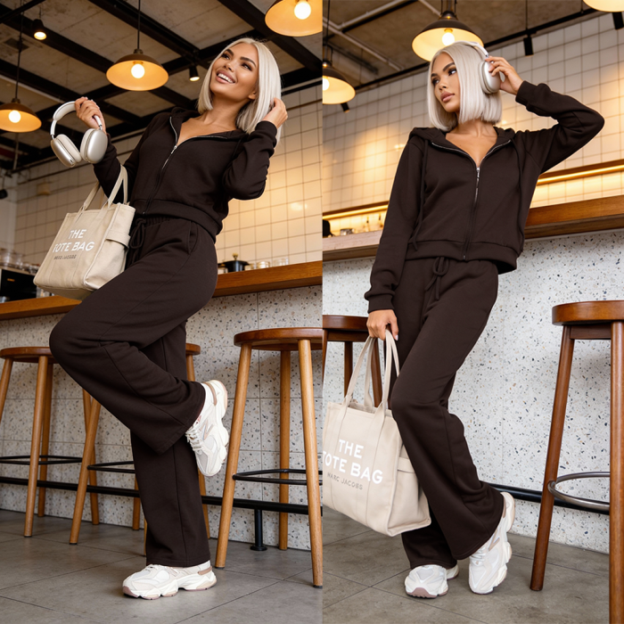 komplet damski rozpinana bluza spodnie brazowy  wiskoza