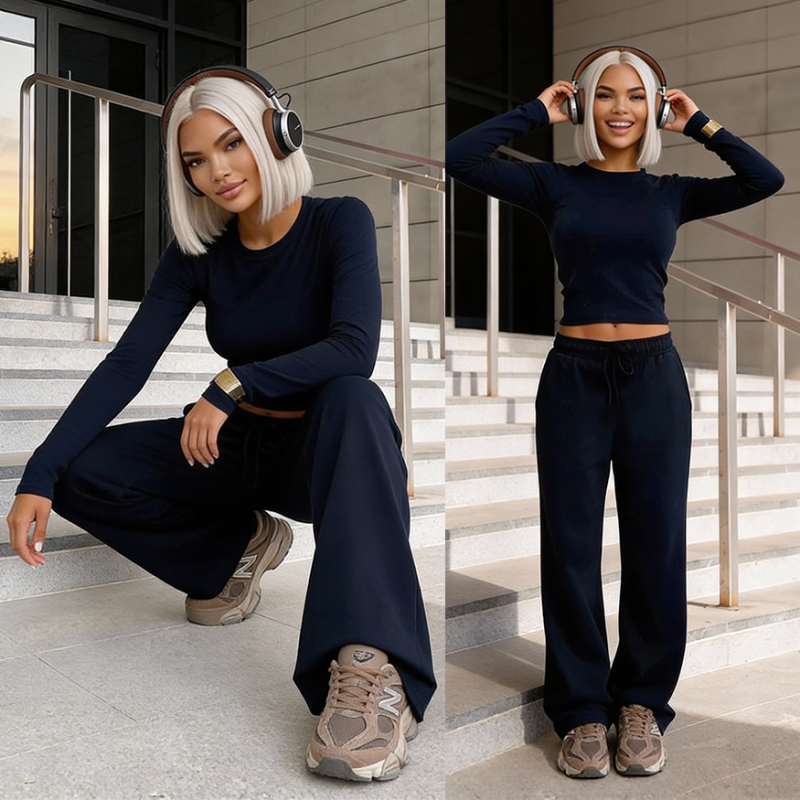 damski komplet Luźne spodnie dopasowana bluzka granat wiskoza