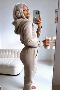 dres ocieplany komplet damski bezowy bluza z kapturem